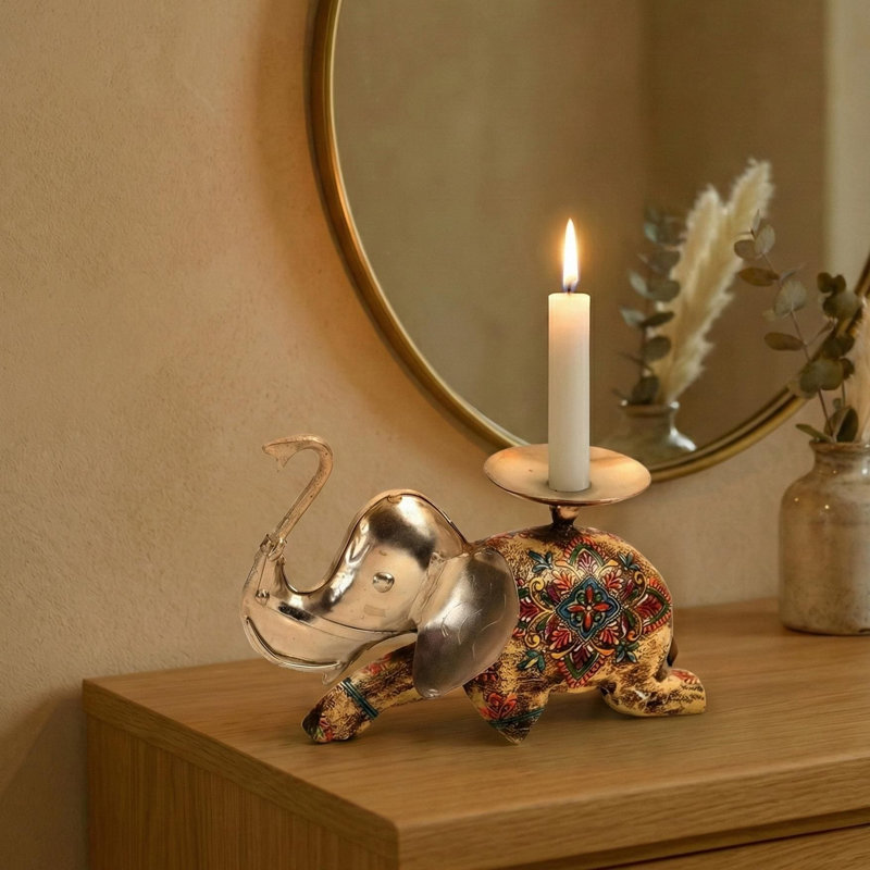 Boho Handcrafted Wood and Metal Elephant Candle Holder for Tabletop Decor