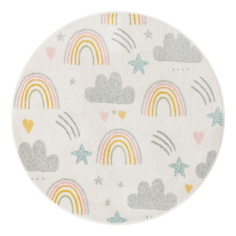 Whimsy Kids Power Loom Polypropylene Plastic Rug, Round 7'10", Blue/Yellow/Cream