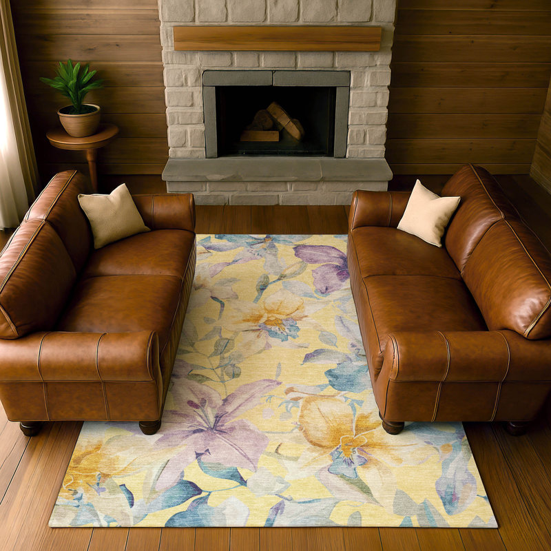 Premium Machine Washable Mayfield AMF2262 Floral Rug, Yellow, 3' x 5'