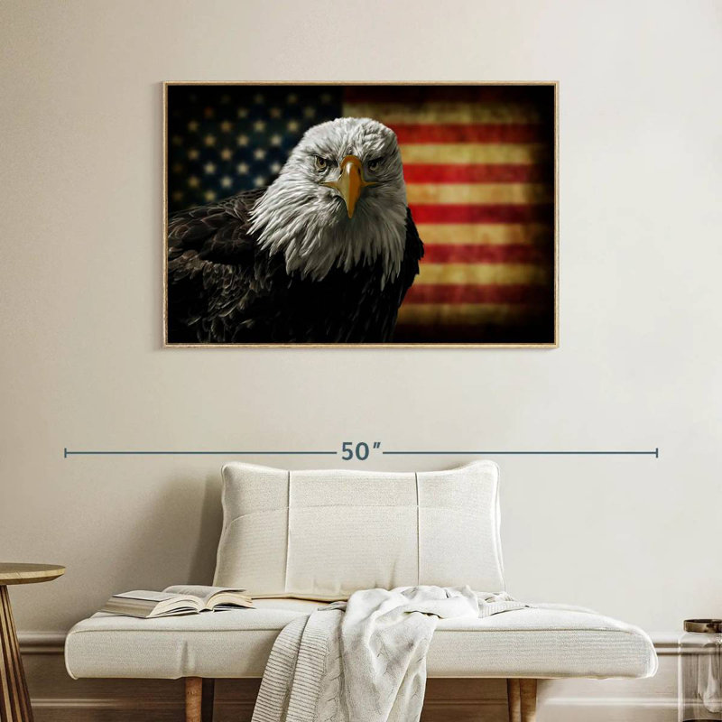 Aigle et drapeau de l'Amérique, Cadre flottant en bois naturel, 40 po x 27 po