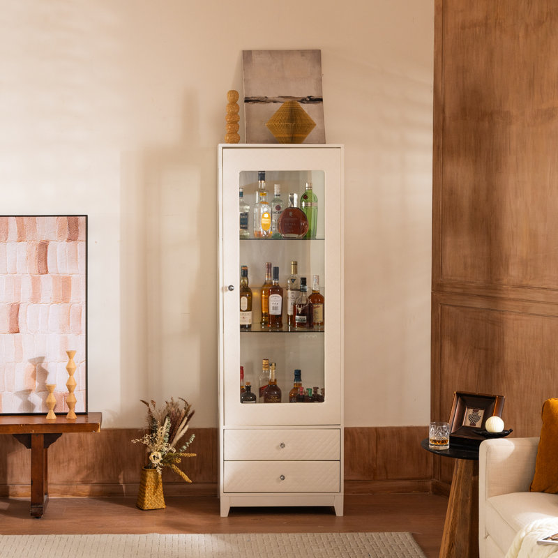 71'' Freestanding Wine Cabinet With Glass Door, Upholstered Elements, 2 Storage Drawers, Adjustable Shelves, 5 Colors Led Ceiling , 180 Panoramic View For Office Decoration - White Doors, Dining Room