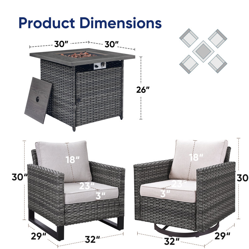 Naresa 5-Piece Outdoor Wicker Furniture Set With Swivel Glider Chairs & Fire Pit Table, Beige