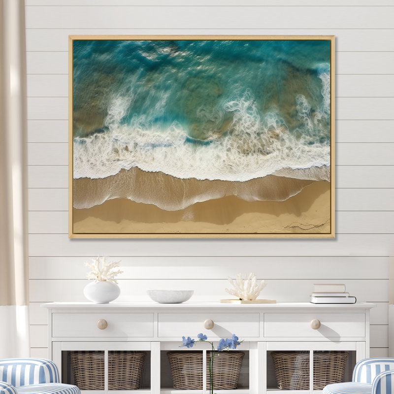 Vue aérienne des vagues tranquilles 3 - plage, art mural, Cadre flottant brun, H 30 po x l 40 po x P 1,5 po