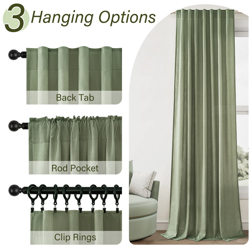 Dennan Linen Curtain Rod Pocket Back Tab,Linen Semi Sheer Curtains for Bedroom, 50" W x 84" L, Sage Green
