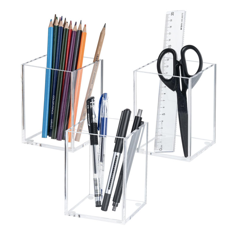 3-Piece Acrylic Desktop Pen Holder, Transparent Rectangular Storage Box