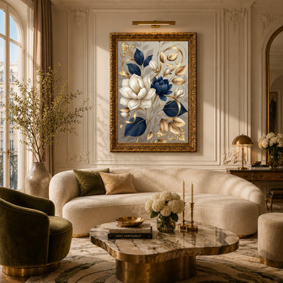 Art sur toile blanc et bleu marine avec fleurs de magnolia avec vignes dorées