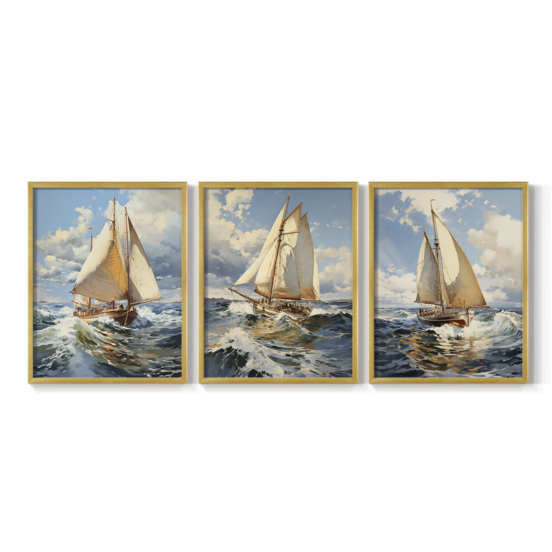 Série Sea and Shore Lxxv - ensemble de 3 estampes giclées encadrées - prêt à être accroché, Doré, H 28 po x l 66 po