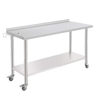 NSF Stainless Steel Work Table 60x24x35 in – Heavy Duty Prep & Utility Table, Adjustable Undershelf, Backsplash, Removable Waste Rack, Casters, Hooks – For Kitchen, Restaurant, Garage, Workshop