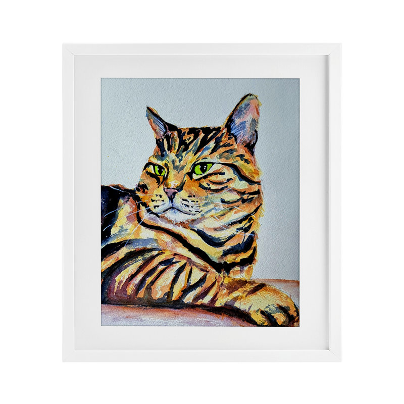 Rayure de chat rayé, reproduction sous verre, conception de Tatiana Roberts, H 16 po x l 13 po, Cadre blanc côtier
