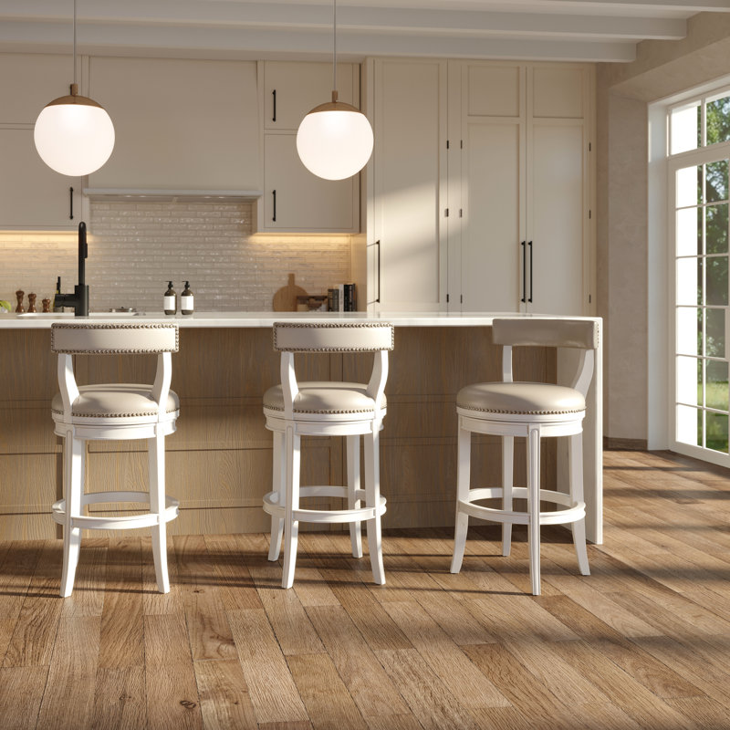 Tabouret de bar avec retour automatique à 180 degrés, 31 po Hauteur de l'assise, structure en bois blanc, revêtement en similicuir gris, pieds incurvés, poids de l'emballage de 31,23 lb, tabouret de 31 po et cuir, dossier ouvert 20,29
