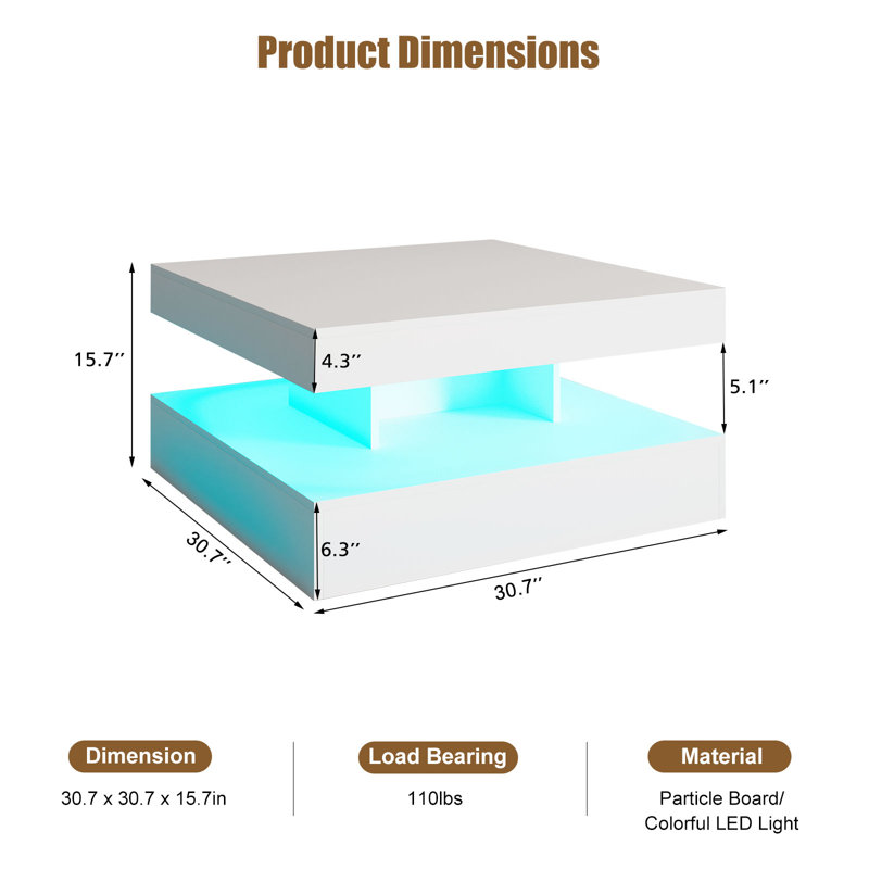 Table basse DEL avec rangement Moderne avec lumières DEL réglables, H 15,7 po x L 30,7 po x l 30,7 po, Blanc mat