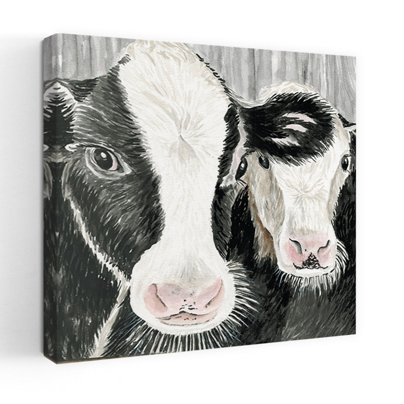 «Farm Cows», vache contemporaine, architecture, paysage, H 18 po x l 18 po