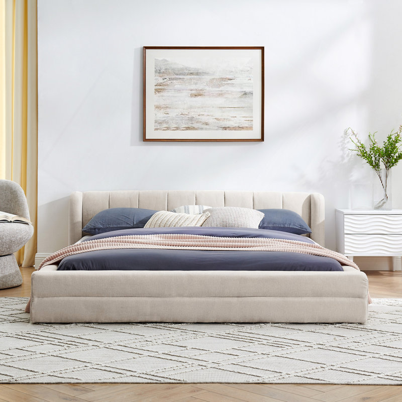 Structure de lit tapissier avec tissu épais, lit plateforme en chenille avec tête de lit et structure solide