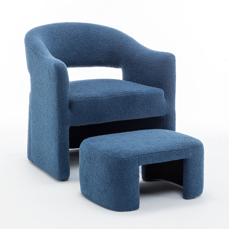 Torrence Upholstered Barrel Chair With Ottoman, Navy Faux Fur