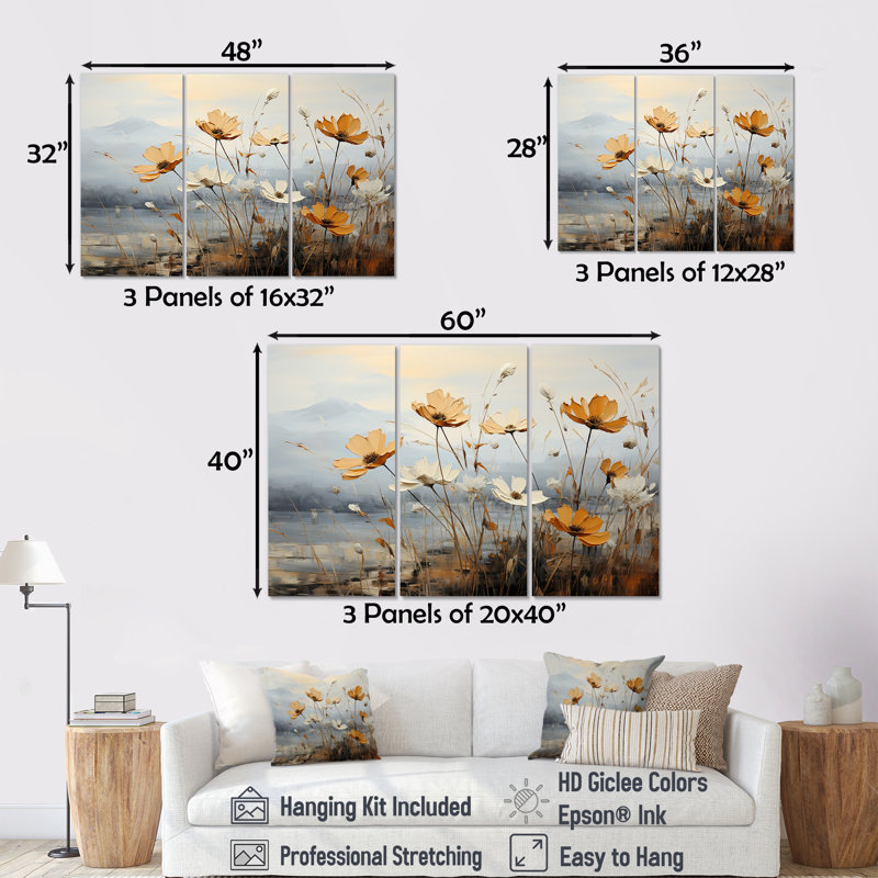 Golden Meadows of Flowers Fields III - ensemble d'art mural sur toile fleur, H 32 po x l 48 po x P 1 po