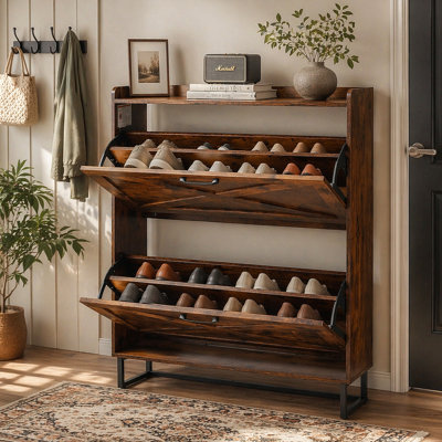 Shoe Cabinet with 2 Flip Drawers, Farmhouse Shoes Storage Cabinet with Metal Legs and Anti-Tipping Device, Freestanding Shoe Organizer