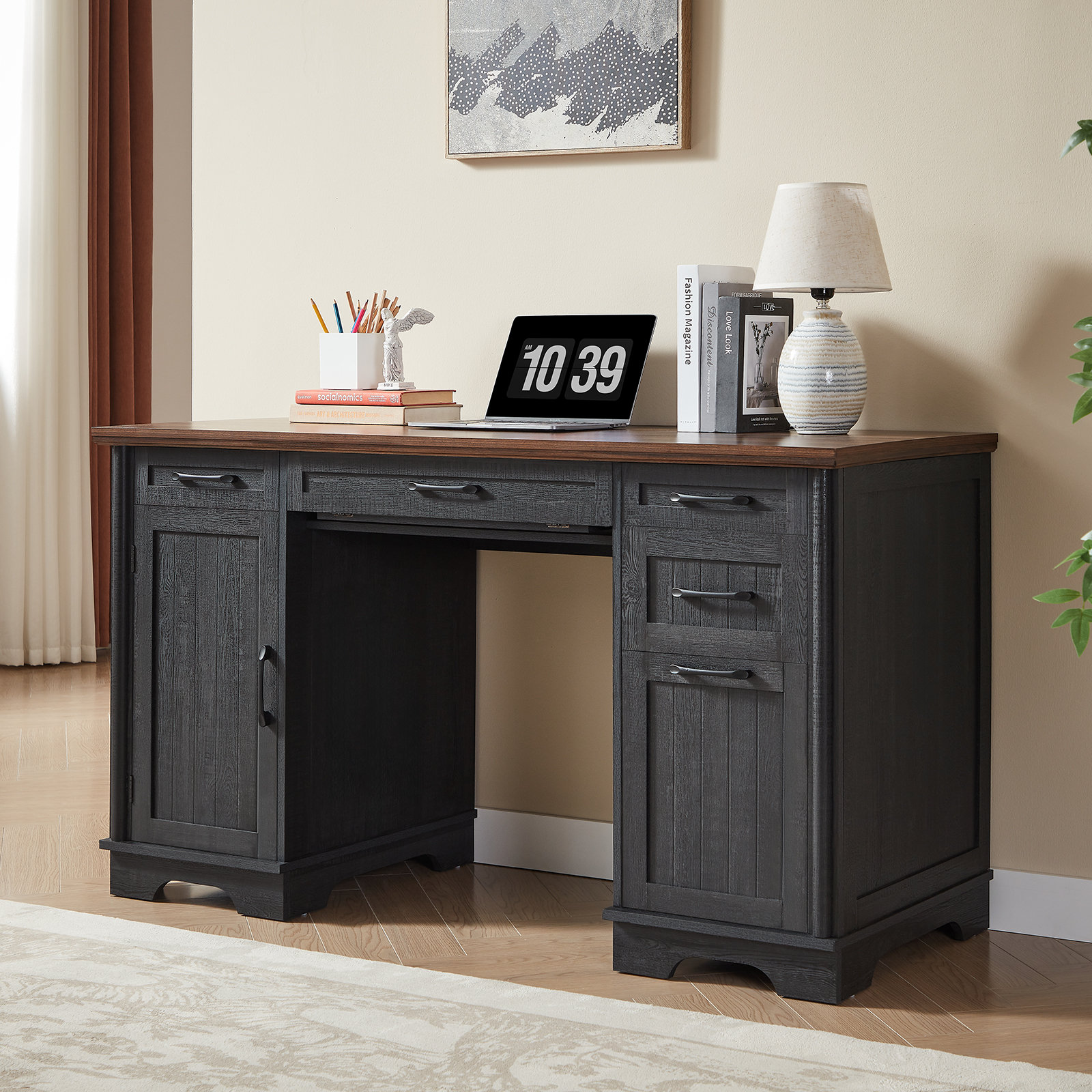 Ophelia & Co. 56'' Farmhouse Executive Desk With Storage, Home Office Desk With Drawers, File Cabinet And Power Outlets | Wayfair