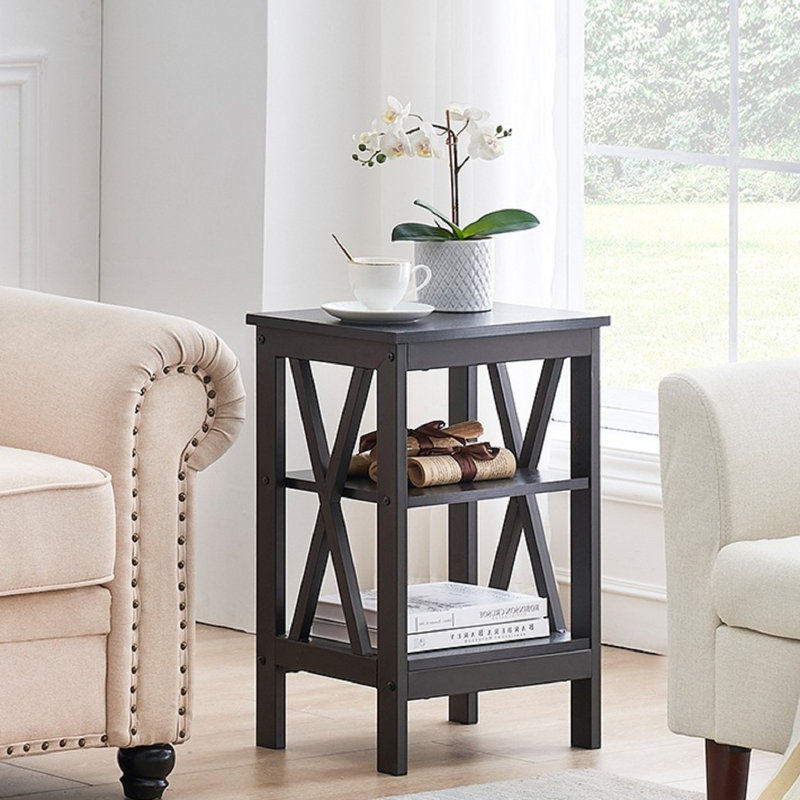 Rustic End Table with Open Shelves – Farmhouse Side Table for Living Room or Bedroom, Durable Wood & Metal Accent Table for Small Spaces