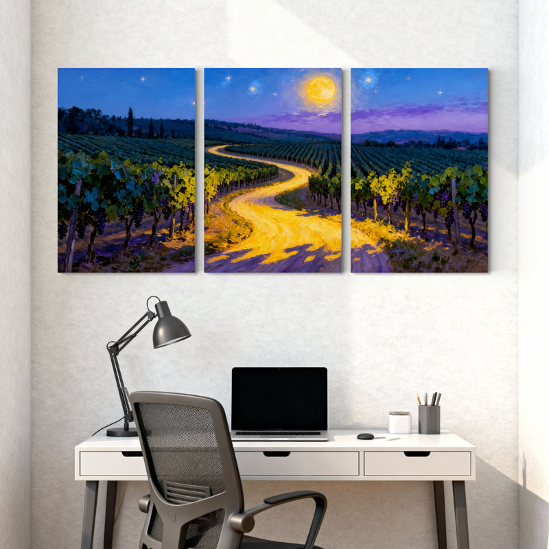 Abstrait au clair de lune, chemin de vignes dans la nuit, ensemble de 3 impressions sur toile, H 24 po x l 48 po