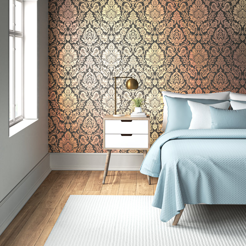 Ethan 10m x 53cm Semi-Gloss Wallpaper Roll, Black/Rose Gold