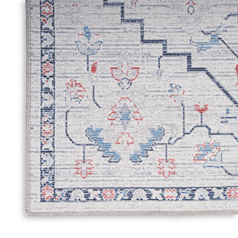 Blue and Ivory Floral Cotton Synthetic Rectangular Area Rug