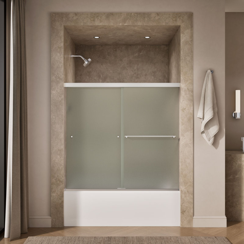 Revel 59.63'' x 55.5'' Double Sliding Bath Door with CleanCoat Technology, Bright Polished Silver, Frosted