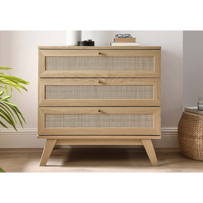 Coastal Charm Oak 3-Drawer Dresser with Rattan Weave