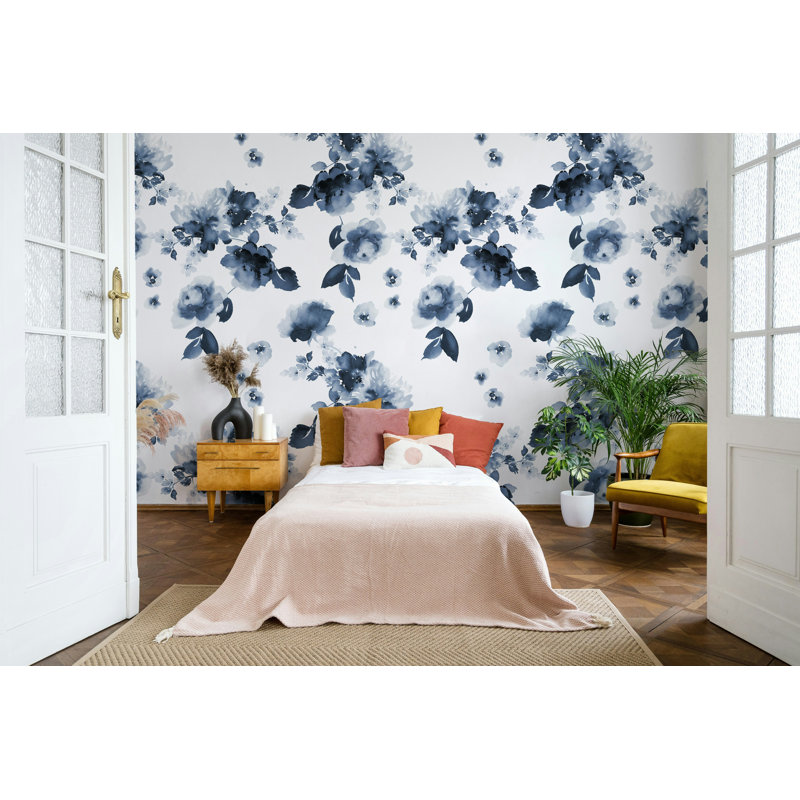 Papier peint aquarelle bleue sur fond blanc, L 37 po x l 56 po