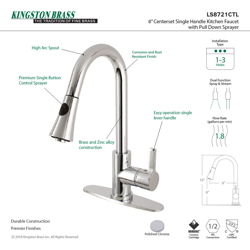 Kingston Brass Continental Single-Handle Pull-Down Kitchen Faucet, Polished Chrome