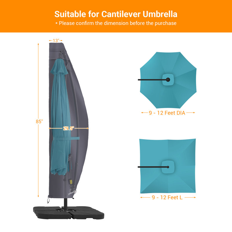 Patio Umbrella Cover Zippered Windproof Anti-UV 600D Fits 9– 11ft Offset Hanging Umbrella, Senior Ash