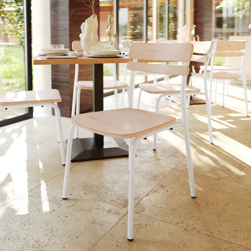 Chaise de salle à manger commerciale en bois massif avec structure et finition antique, Naturel, Blanc