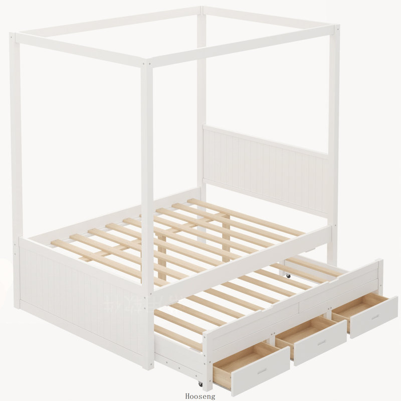 Lit plateforme à baldaquin avec lit gigogne simple, 3 tiroirs de rangement et tête de lit, blanc, Double, Blanc