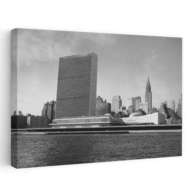 Vue des années 1950 du bâtiment des États-Unis et de la ville de New York, East River, New York, États-Unis, rétro classique, art mural rétro