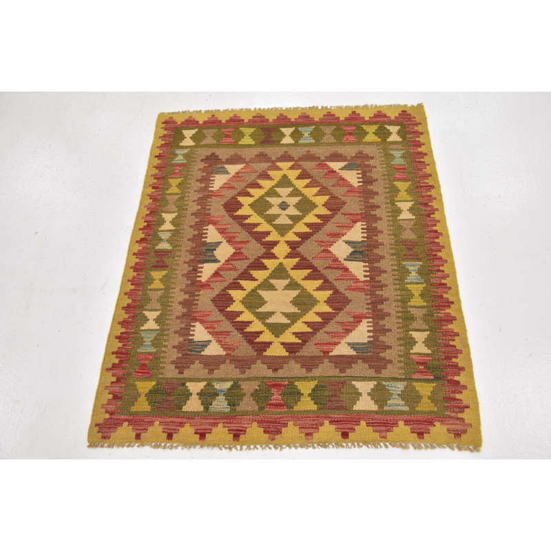 Tapis de surface en laine vert/rouge/beige 3 pi x 3 pi noué la one-of-kind Doorfield