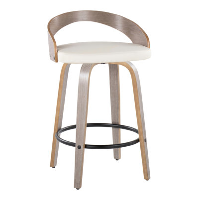 Tabouret de comptoir à hauteur fixe avec pivot en bois gris clair et similicuir blanc avec repose-pieds rond en métal noir - ensemble de 2