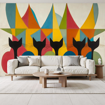Peel and Stick Wallpaper Mid Century Black Cat Retro Modern Abstract Geometric 1950s 1960s Wall Murals 69"H x 96"W Removable PVC Wall Paper Self-Adhesive Wall Paintings Art Decor for Bedroom Living Room