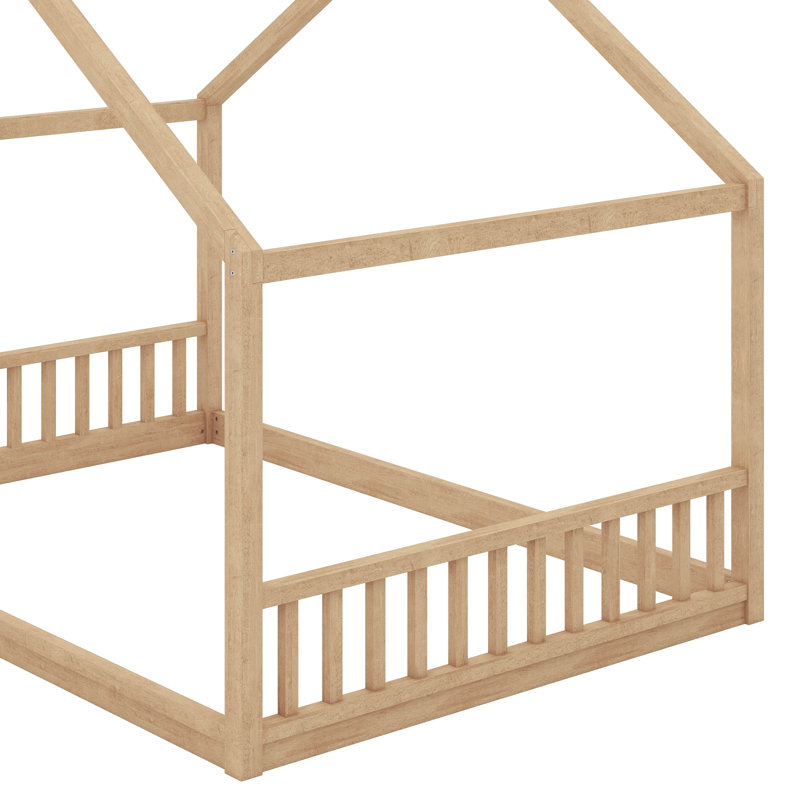 Lit de maison de style Montessori pour enfants, cadre de lit au sol avec tête et pied de lit, Double, Naturel
