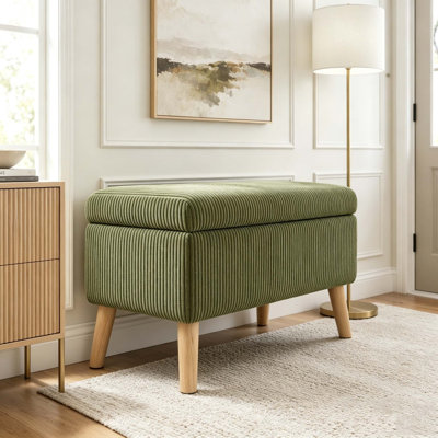 Banc de rangement en velours côtelé beige 32 pouces de large avec pieds en bois, boîte de rangement rabattable