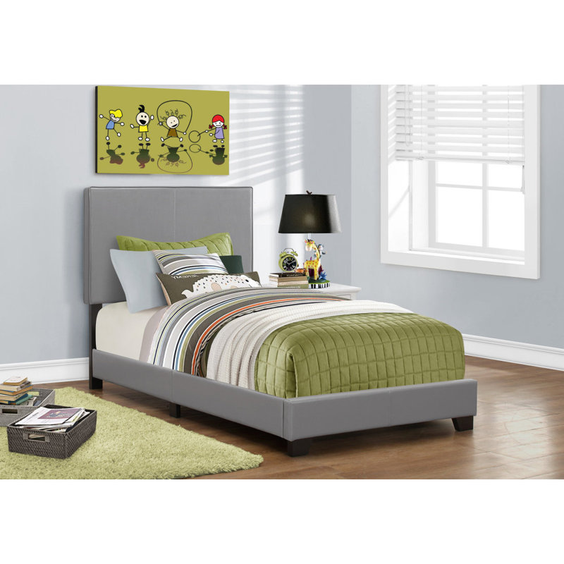 Lit, chambre à coucher, revêtement en similicuir gris, transitionnel