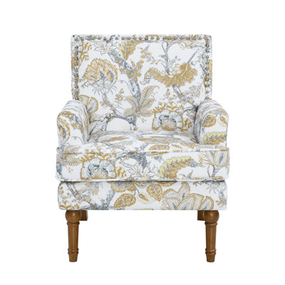 Floral Armchair with Nailhead Trim, Gold and Grey Print, Solid Wood Legs, Farmhouse Style Upholstered Slipper Chair for Living Room