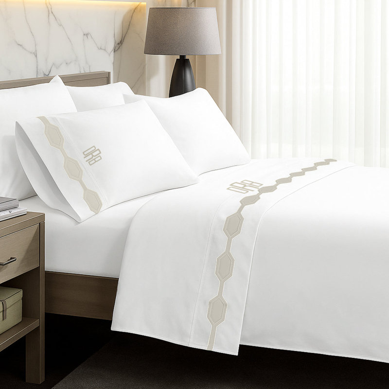 Monogram Hexagonal Applique Border Cotton Sheet Set, Full XL Sheet Set, Yes