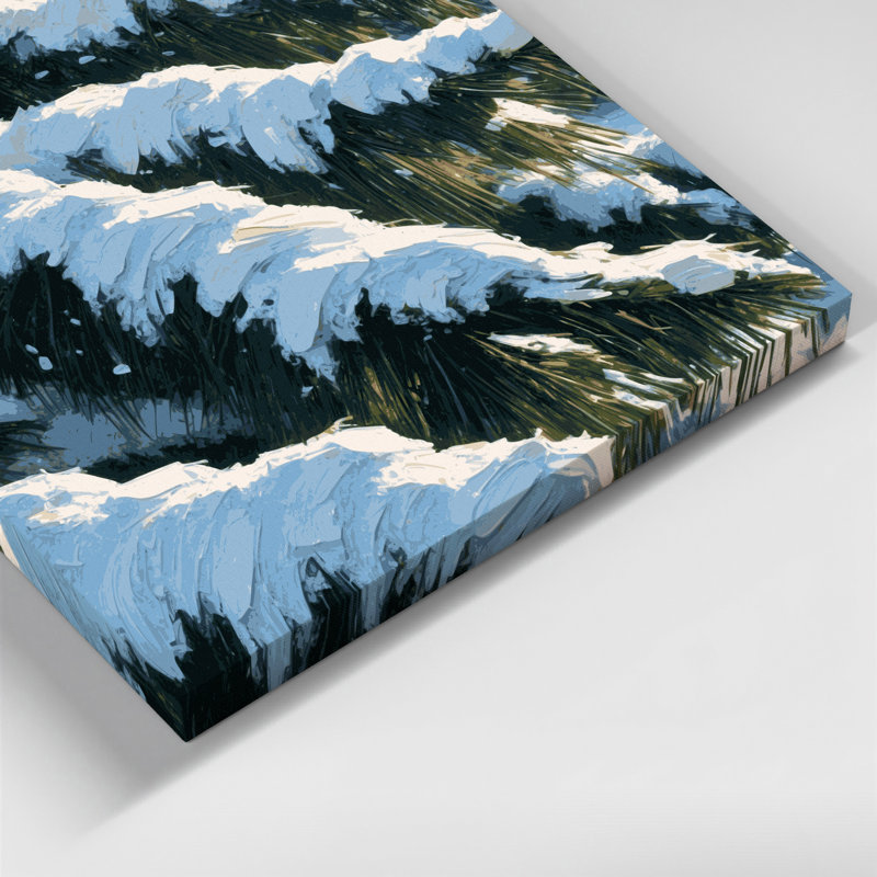 Toile bleue de Noël, neige fraîche sur des branches de pin, H 16 po x l 20 po