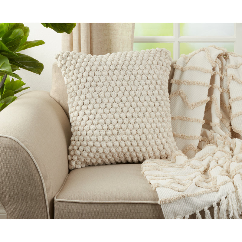 20" Off-White Cotton Crochet Pom-Pom Square Throw Pillow