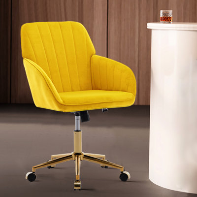 Fauteuil de bureau Ty avec coussin et base dorée, velours jaune vif pour une ambiance luxueuse confortable en jaune ensoleillé, base dorée stable