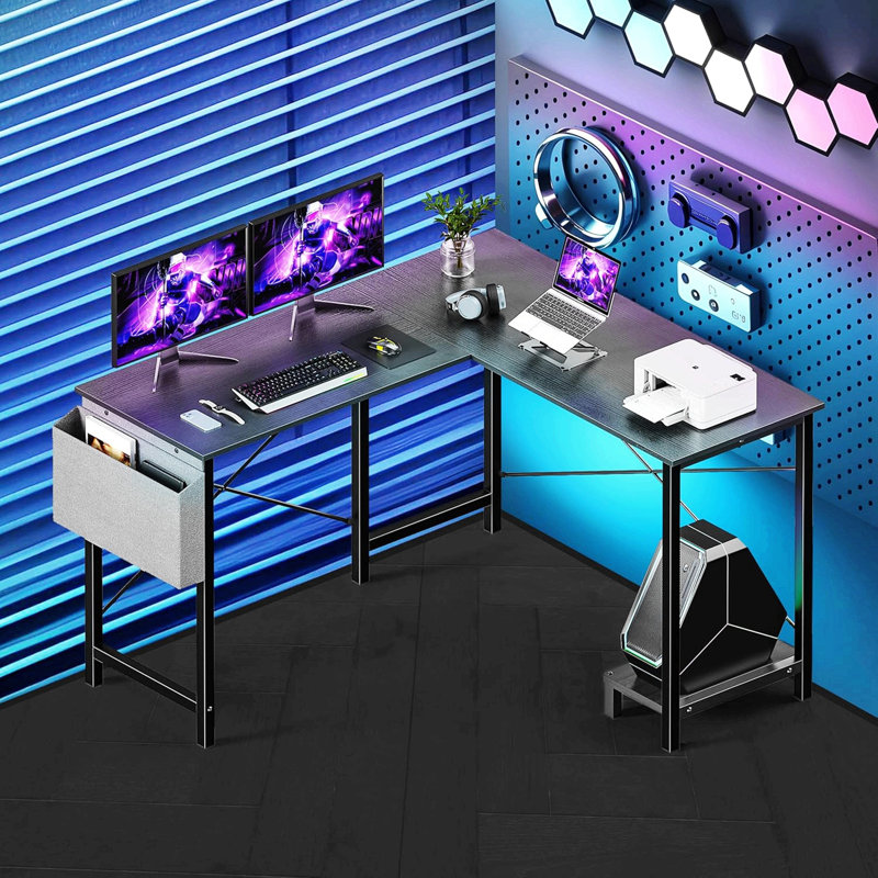 L Shaped Desk Gaming Computer 50 Inch Reversible Corner Table PC for Writing Study Student with Wood Tabletop Metal Frame CPU Stand Side Bag for Home Office Small Place,