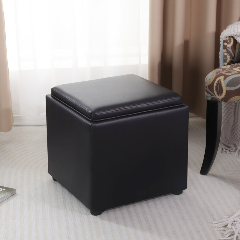 17.7" Faux Leather Storage Ottoman With Reversible Tray Top, Black