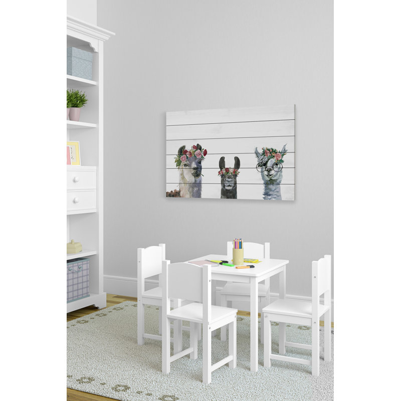 Impression de lamas couronnés de fleurs de margarita sur bois blanc, H 20 po x l 30 po x P 1,5 po