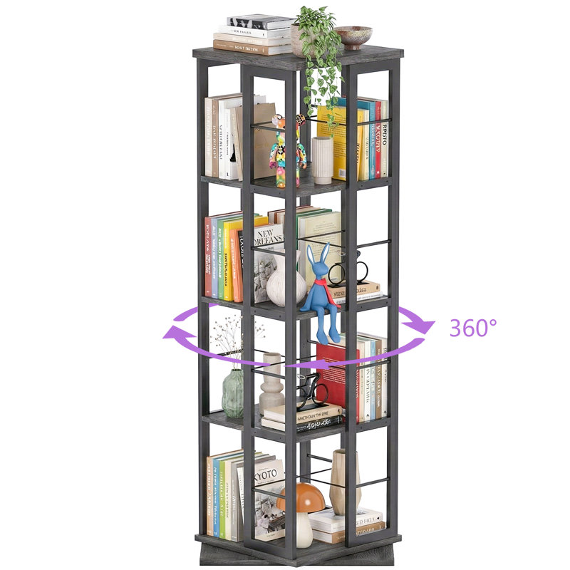 360° Rotating Bookcase, Storage And Display Spinning Corner Bookshelf For Home Office And Living Room, Gray