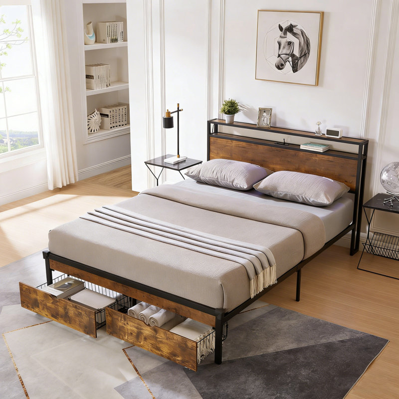 Base de lit plateforme grand en métal avec tête de lit et pied de lit en bois avec port USB, station de charge, 2 tiroirs, aucun sommier requis, assemblage facile