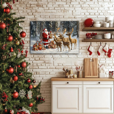 Santa Claus & Reindeer Winter Scene Christmas Canvas Wall Art, Festive Poster Picture Prints, Holiday Canvas Art Painting for Living Room, Bedroom, Farmhouse Wall Decor, Ready to Hang, 12×16 Inches
